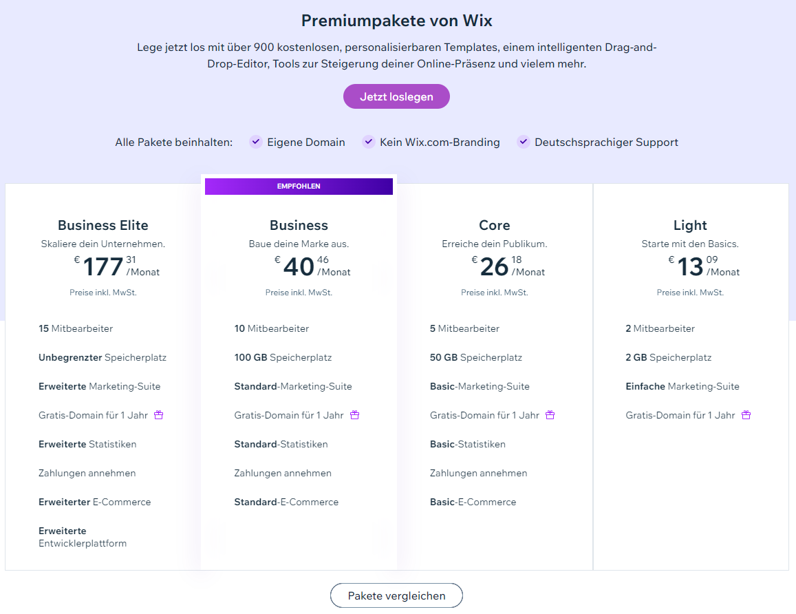 Wix CoreBusiness Unlimited Paket gewählt