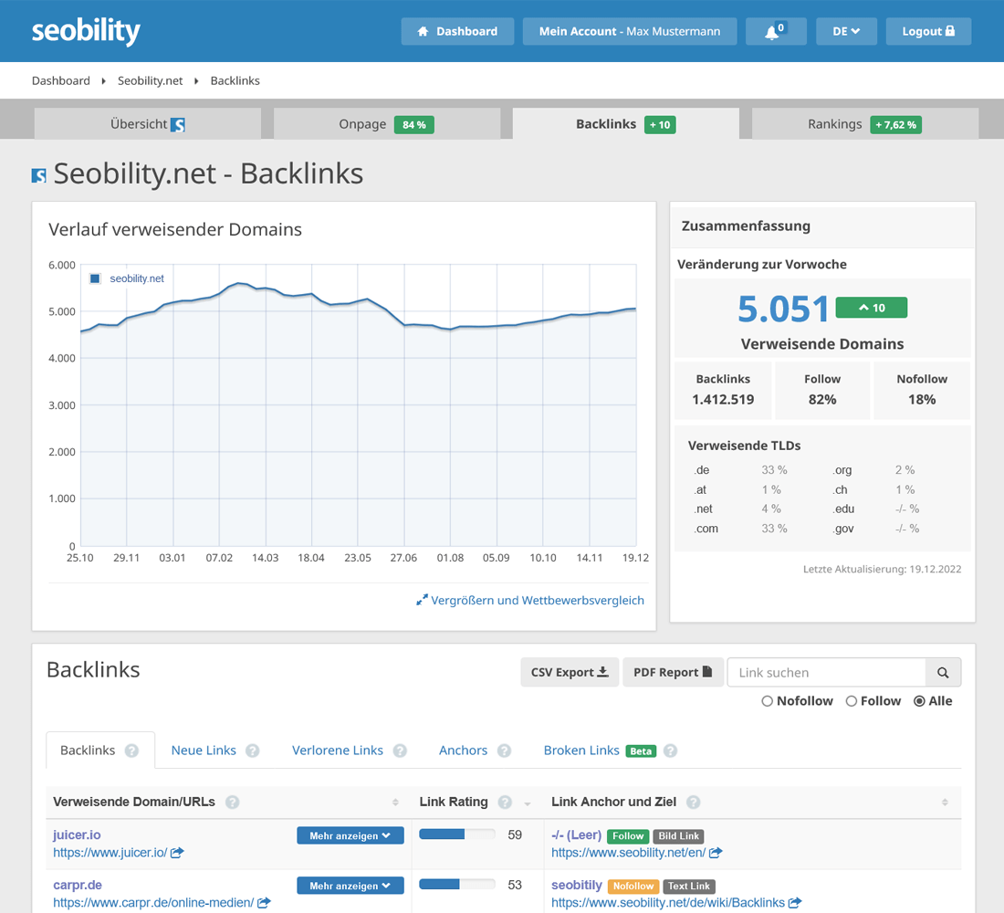 das Backlink Monitoring Feature von Seobility