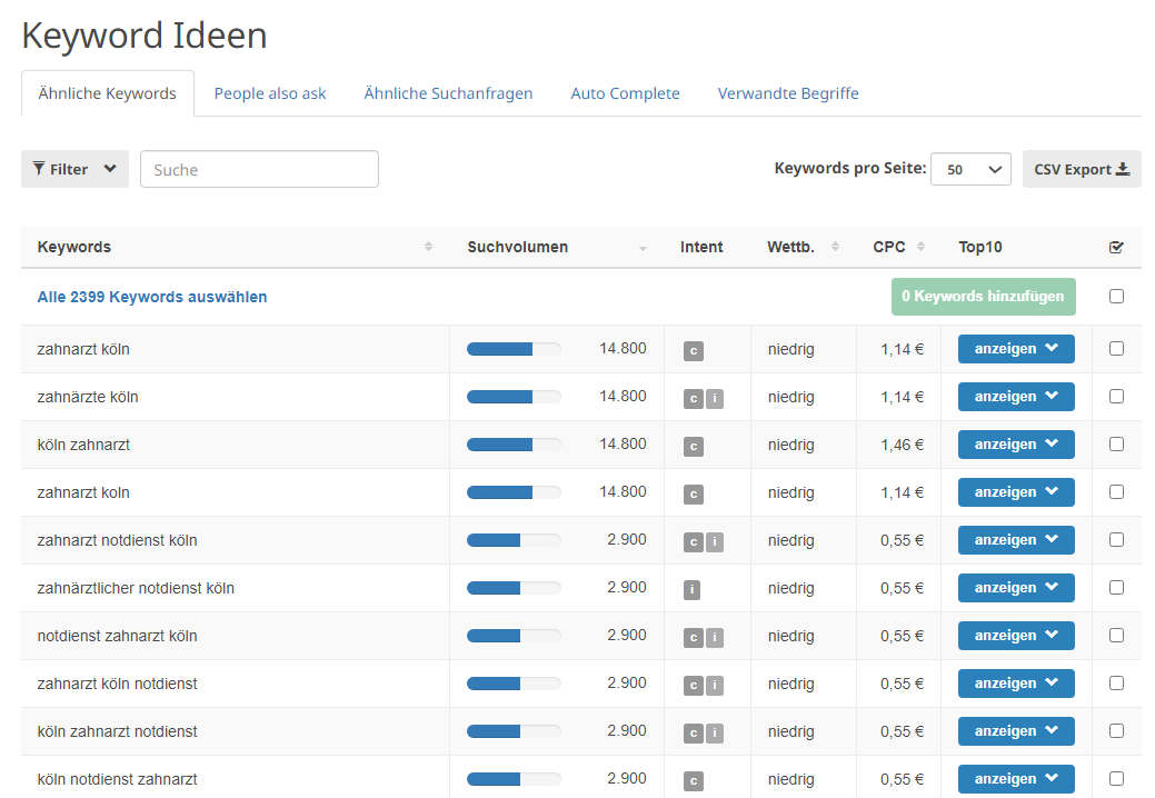 Liste der Keyword-Ideen