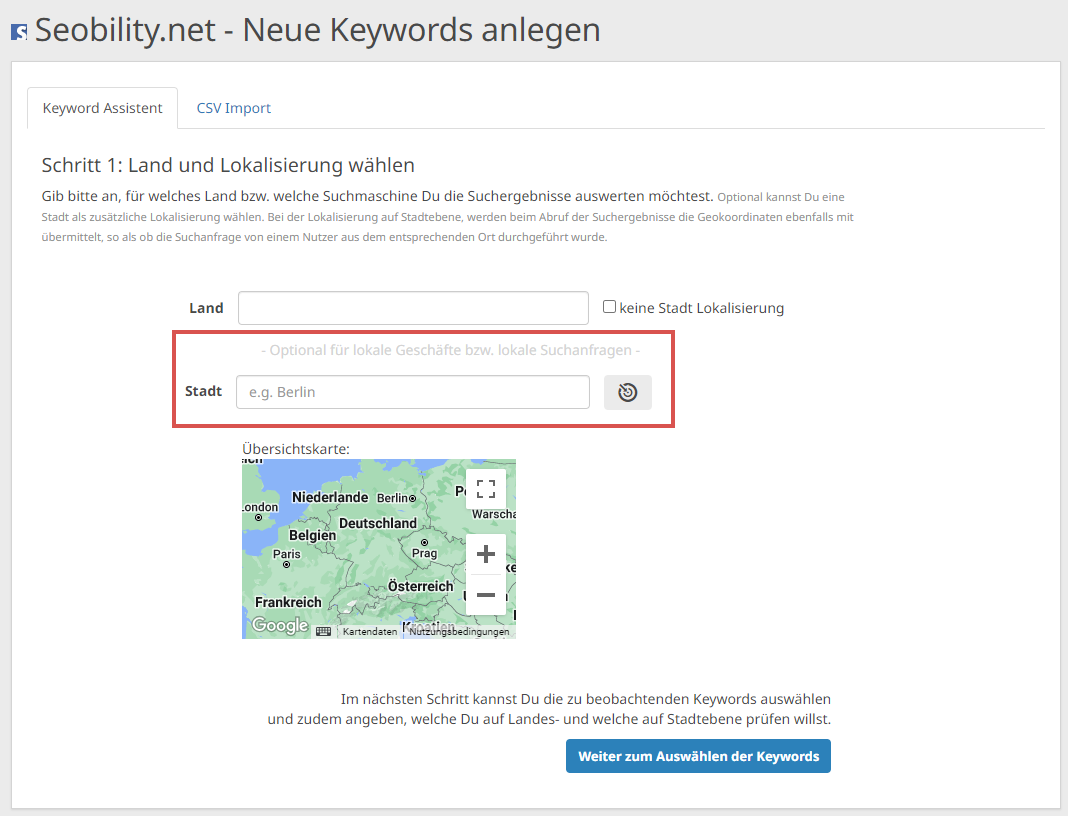 Neue Keywords anlegen