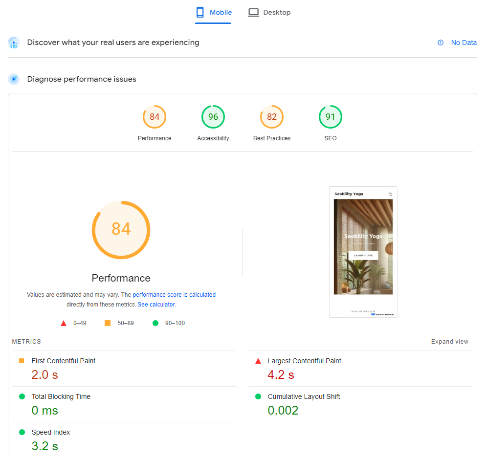 pagespeed insights result of Webflow test site mobile