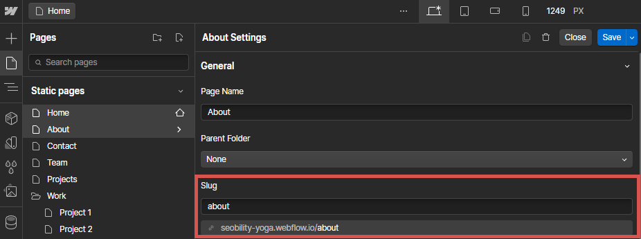 setting the page slug in Webflow