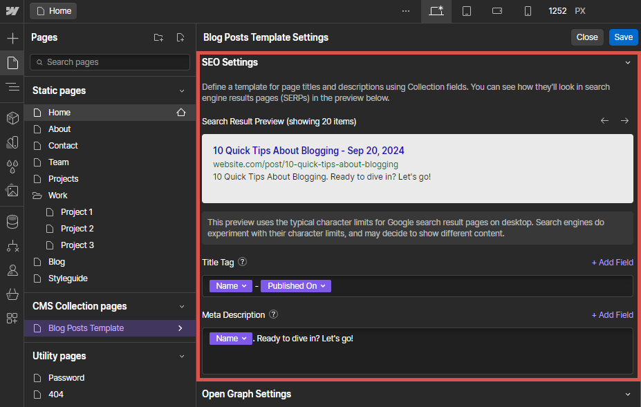 blog post template settings