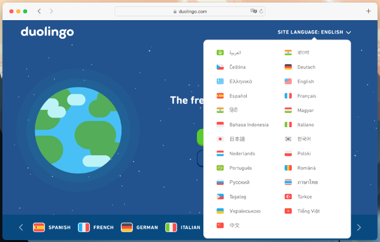 Language selection based on flags in Duolingo