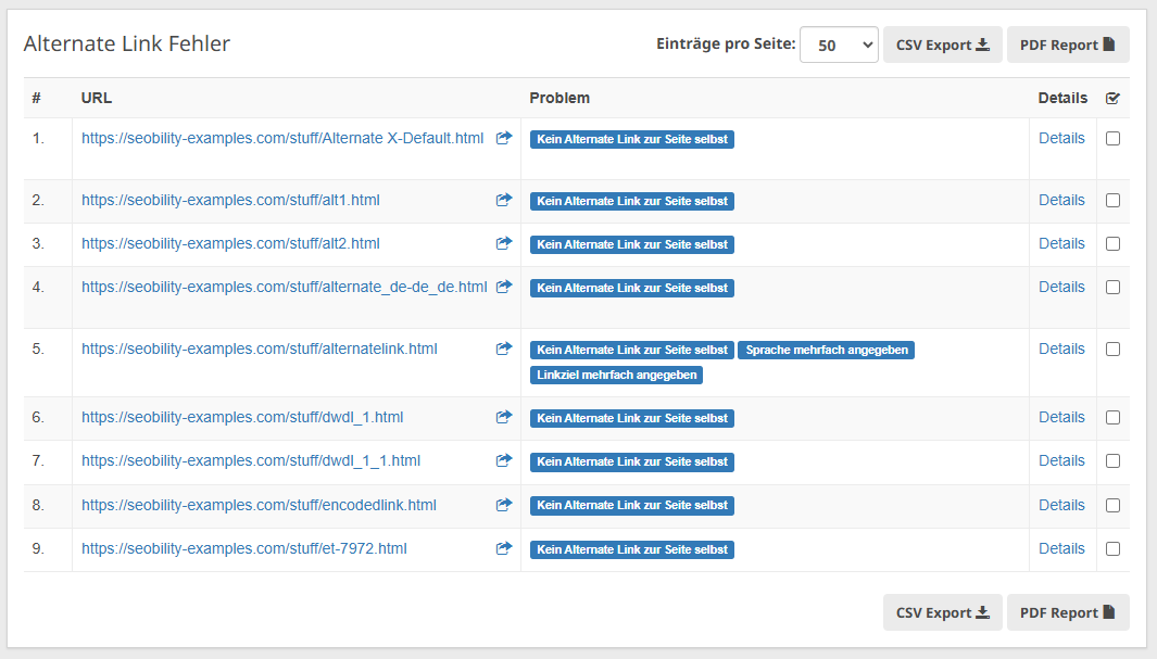 Seobility Analyse zu Alternate Link Fehlern