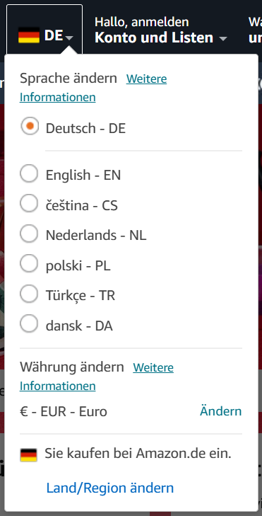 Sprachauswahl bei Amazon anhand von Sprachkürzeln